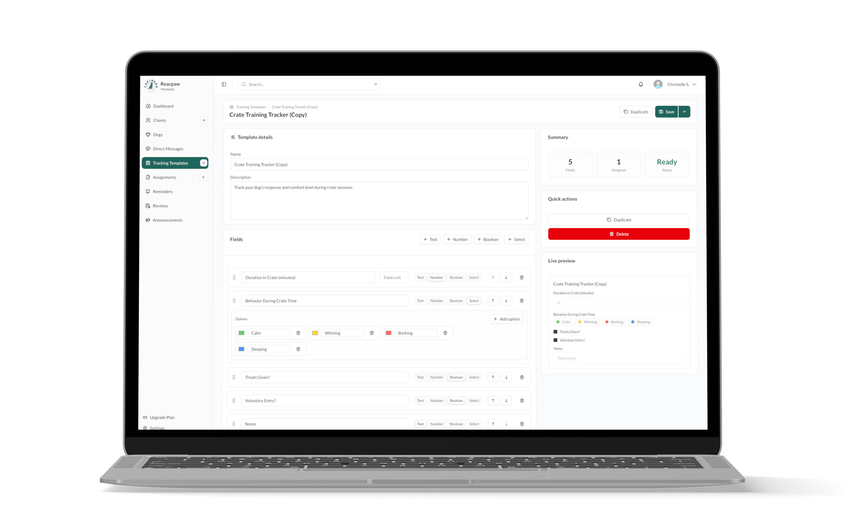 Reacpaw trainer dashboard